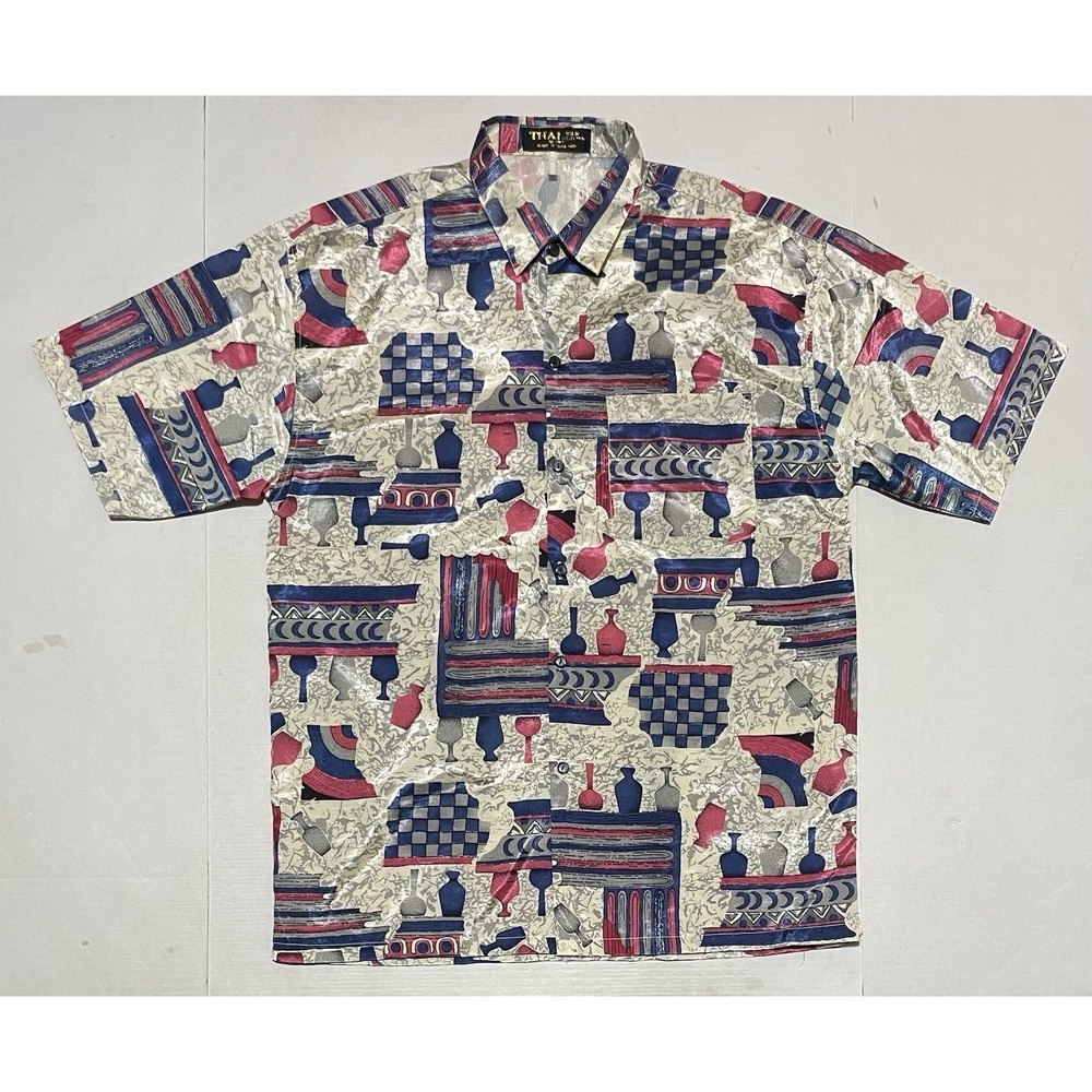 Vintage Thai Silk Collection Mens Large Abstract Art Print Shirt Thailand